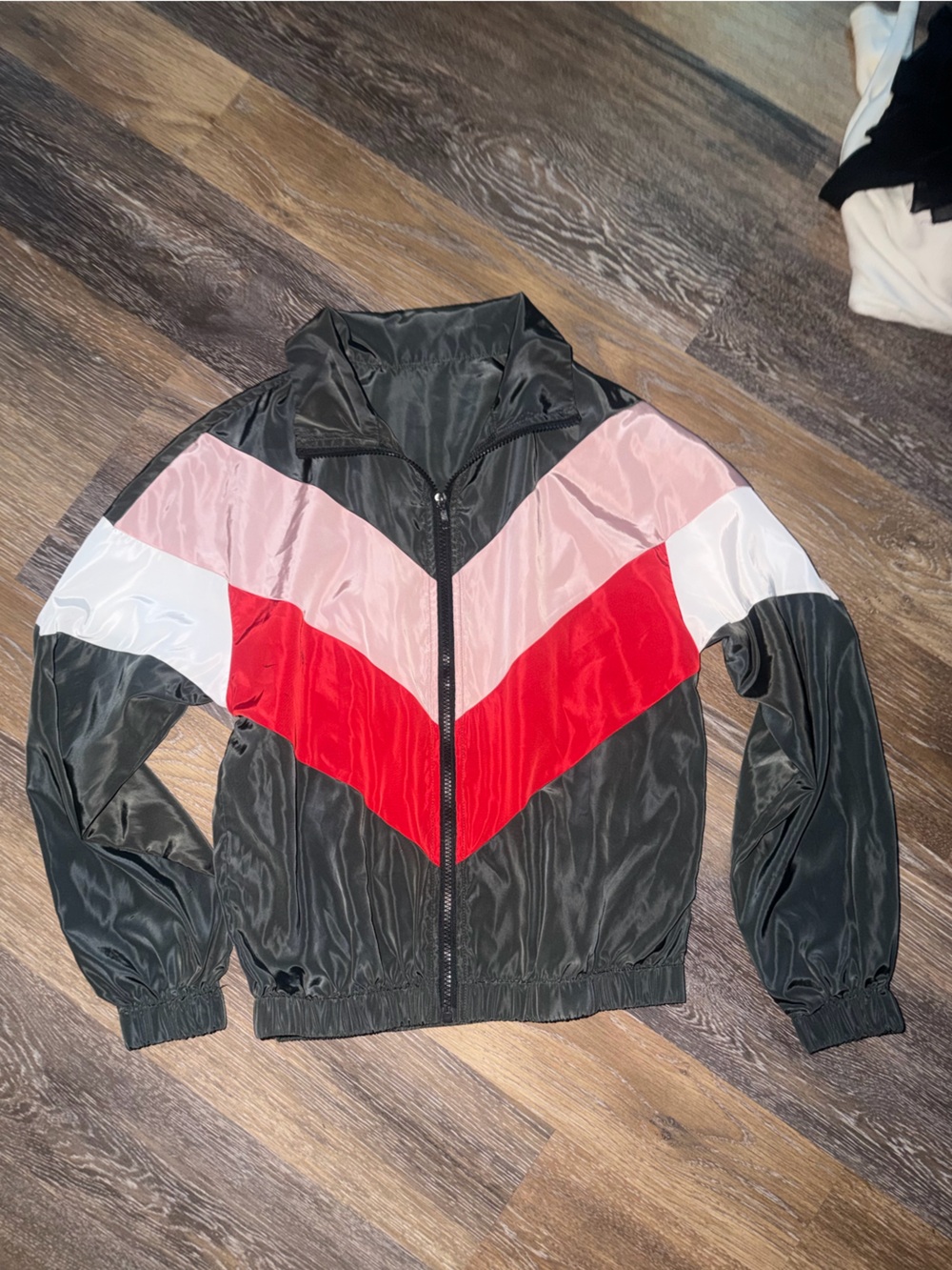 Colorblock Windbreaker Bottoms - Black with Red, Pink & White Chevron